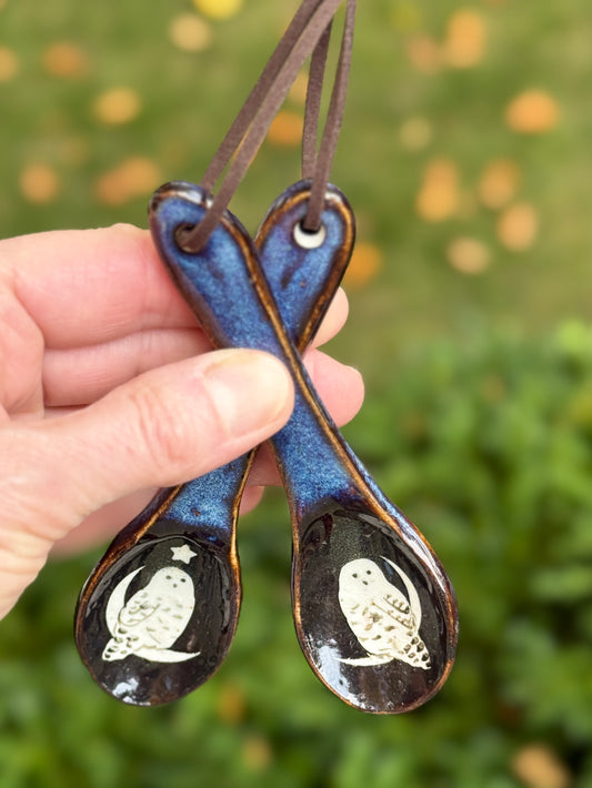Hand holding two blue ceramic spoons with owl designs against a blurred green background