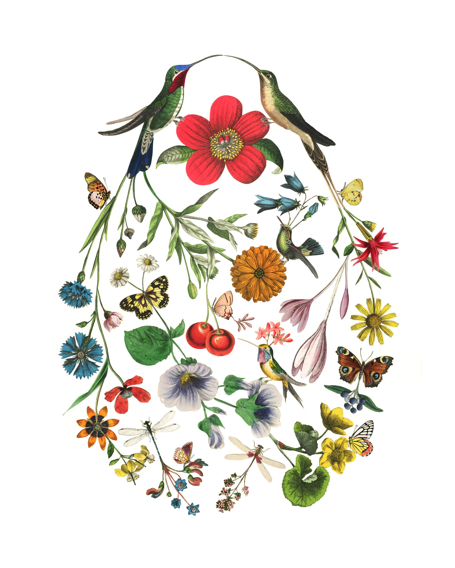 An archival print of a hand-cut, paper collage with a vibrant and colorful depiction of birds, butterflies, and flowers.