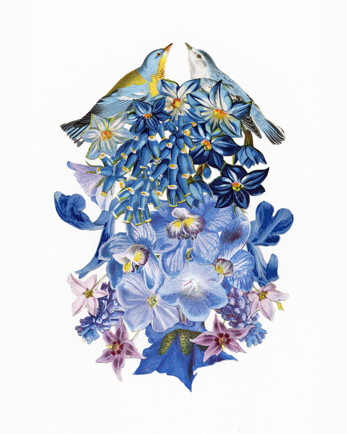 A colorful art print of a collage of birds and flowers with a vibrant blue and yellow color palette