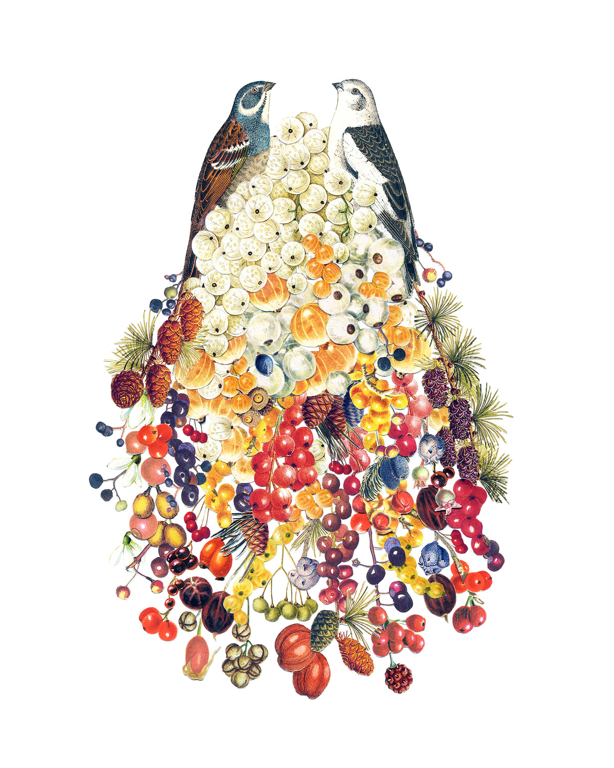 A colorful artistic print of hand-cut paper collage with birds and a variety of fruits and vegetables.